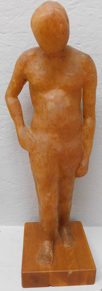 Resin Nude Sculpture of a Man on Oak Stand: Resin Nude Sculpture of a Man on Oak Stand. 21 3/4" H ALL DESCRIPTIONS AND ANY CONDITION STATEMENT GIVEN BY LANGSTON AUCTION GALLERY ARE STRICTLY OPINIONS AND LANGSTON'S SHALL HAVE NO RESPONSIBILITY F