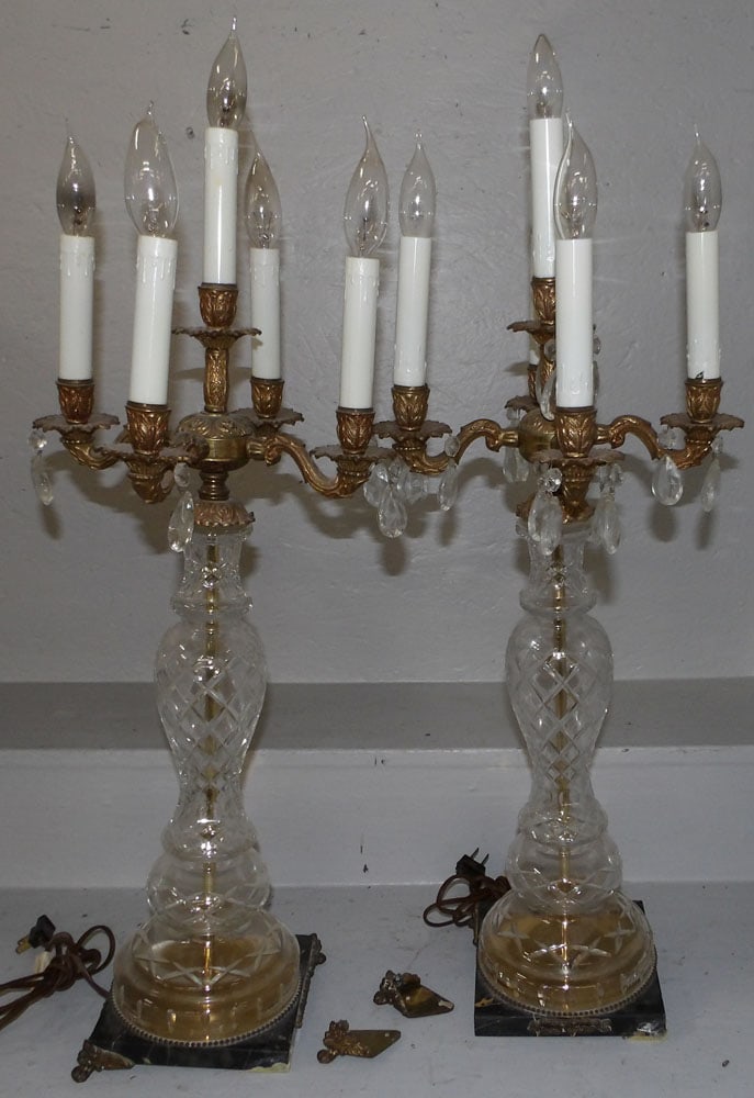 Pair of Gilded Metal Glass Candelabra Lamps, (1 Missing a Foot) (1 of 3)