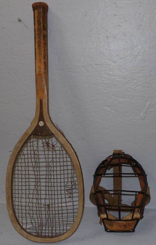 Vintage Tennis Racket & Vintage Sports Mask: Vintage Tennis Racket & Vintage Sports Mask. Up to 27 1/2" L ALL DESCRIPTIONS AND ANY CONDITION STATEMENT GIVEN BY LANGSTON AUCTION GALLERY ARE STRICTLY OPINIONS AND LANGSTON'S SHALL HAVE NO RESPONSIB
