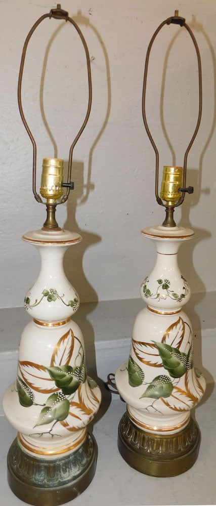 Pair of Painted Porcelain Lamps: Pair of Painted Porcelain Lamps. 30 1/4" H ALL DESCRIPTIONS AND ANY CONDITION STATEMENT GIVEN BY LANGSTON AUCTION GALLERY ARE STRICTLY OPINIONS AND LANGSTON'S SHALL HAVE NO RESPONSIBILITY FOR ERRORS O