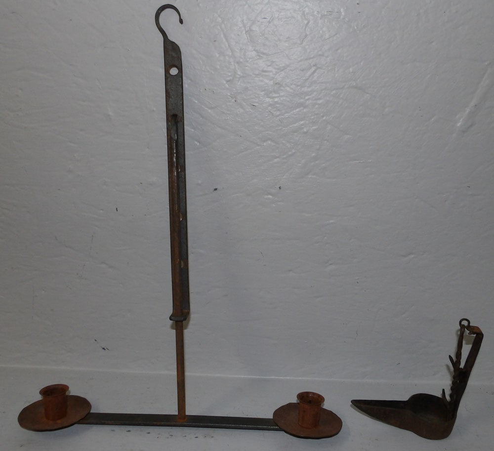 Antique Forged Iron Grease Lamp & Candle Chandelier (1 of 2)