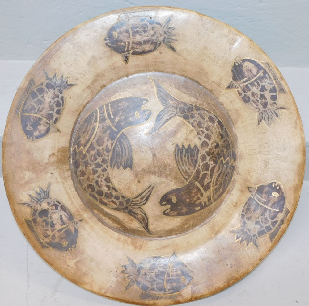 Large Fish Paint Decorated Pottery Bowl (1 of 3)
