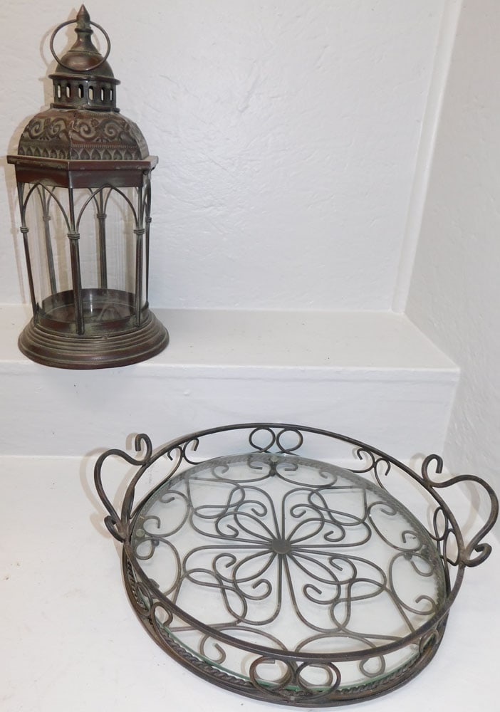 Painted Metal & Glass Lantern & Metal Tray: Painted Metal & Glass Lantern & Metal Tray. 16 1/2" H ALL DESCRIPTIONS AND ANY CONDITION STATEMENT GIVEN BY LANGSTON AUCTION GALLERY ARE STRICTLY OPINIONS AND LANGSTON'S SHALL HAVE NO RESPONSIBILITY F
