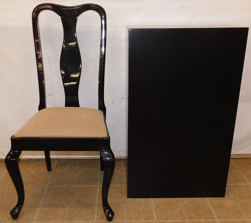 black lacquer pedestal and side chair: black lacquer pedestal and side chair. 21 1/2L 9 3/4W 36H ALL DESCRIPTIONS AND ANY CONDITION STATEMENT GIVEN BY LANGSTON AUCTION GALLERY ARE STRICTLY OPINIONS AND LANGSTON'S SHALL HAVE NO RESPONSIBILI