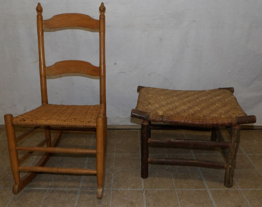 antique split oak bottom rocker and bench (1 of 3)