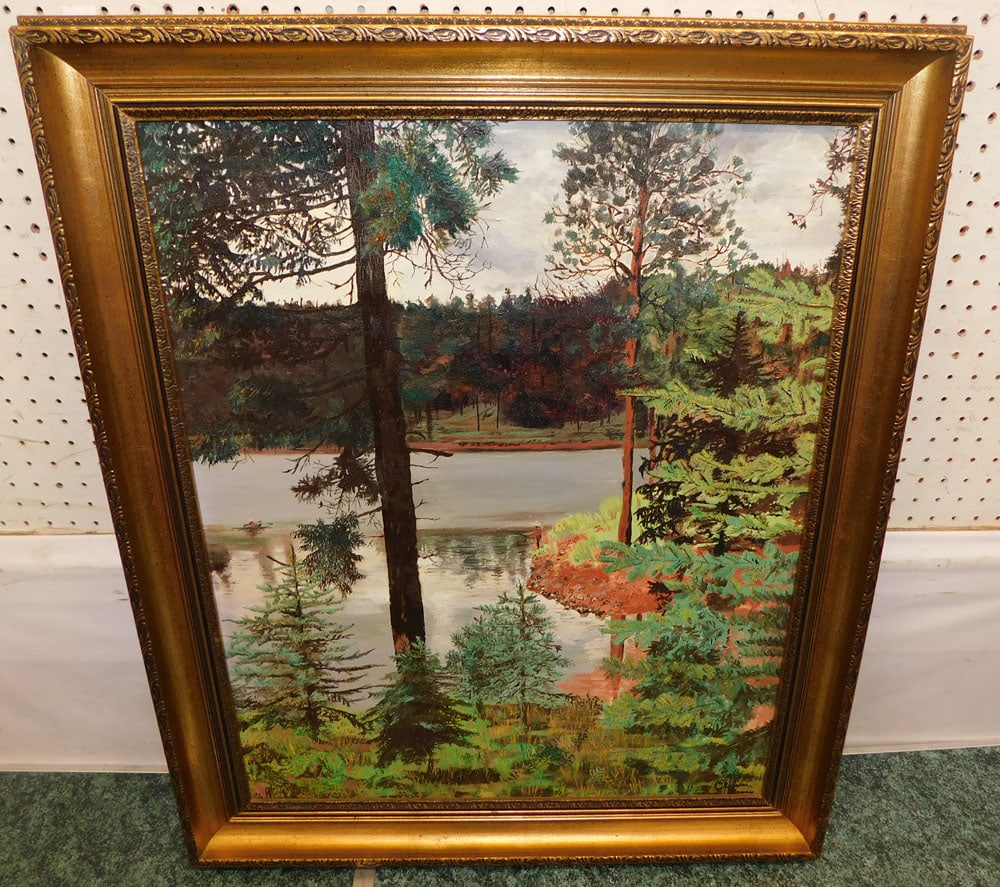 framed oil on board lake scene signed (1 of 5)
