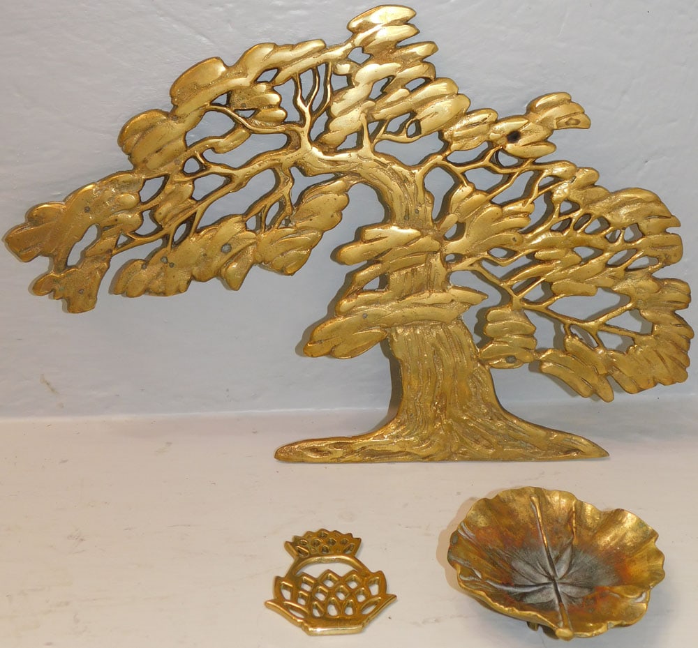 Brass Bonsai Wall Hanging Tree & Signed Brass VA Metalcrafters Pineapple Trivet & Dish (1 of 4)