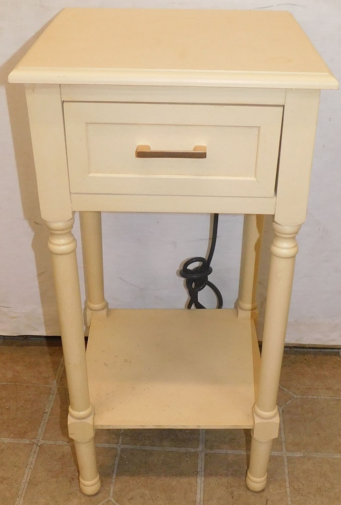 painted one drawer night stand: painted one drawer night stand. 14 1/4" Dia. 28 1/4" H ALL DESCRIPTIONS AND ANY CONDITION STATEMENT GIVEN BY LANGSTON AUCTION GALLERY ARE STRICTLY OPINIONS AND LANGSTON'S SHALL HAVE NO RESPONSIBILITY 