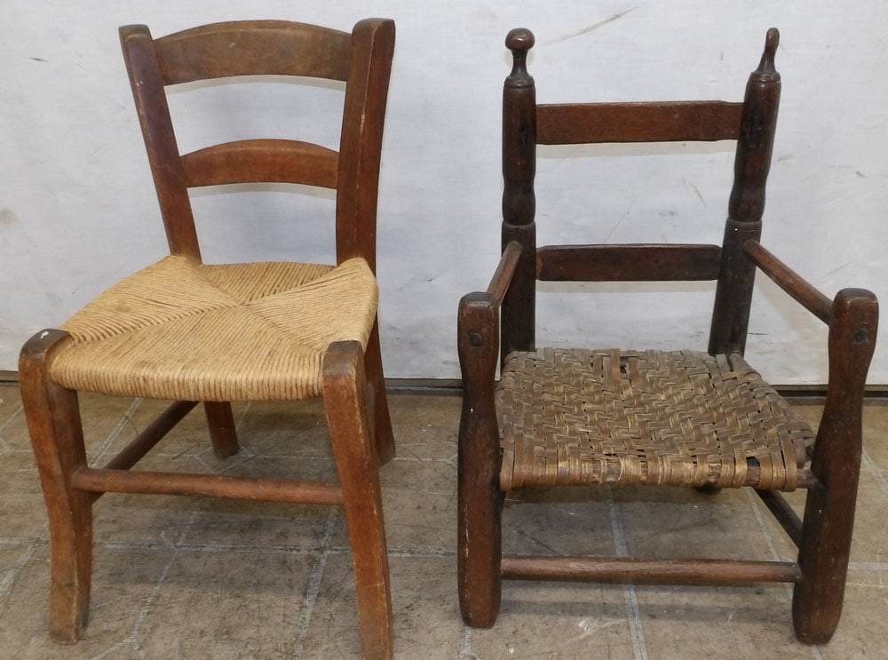 2 antique child's chairs: 2 antique child's chairs. Up to 19 1/2" H ALL DESCRIPTIONS AND ANY CONDITION STATEMENT GIVEN BY LANGSTON AUCTION GALLERY ARE STRICTLY OPINIONS AND LANGSTON'S SHALL HAVE NO RESPONSIBILITY FOR ERRORS OR