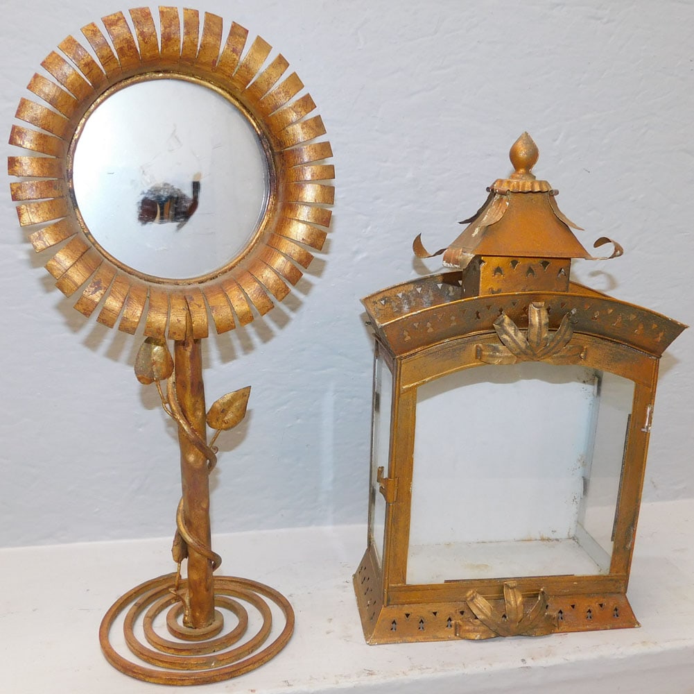 gilded metal wall lantern and mirror: gilded metal wall lantern and mirror. Up to 16 3/4" H ALL DESCRIPTIONS AND ANY CONDITION STATEMENT GIVEN BY LANGSTON AUCTION GALLERY ARE STRICTLY OPINIONS AND LANGSTON'S SHALL HAVE NO RESPONSIBILITY F