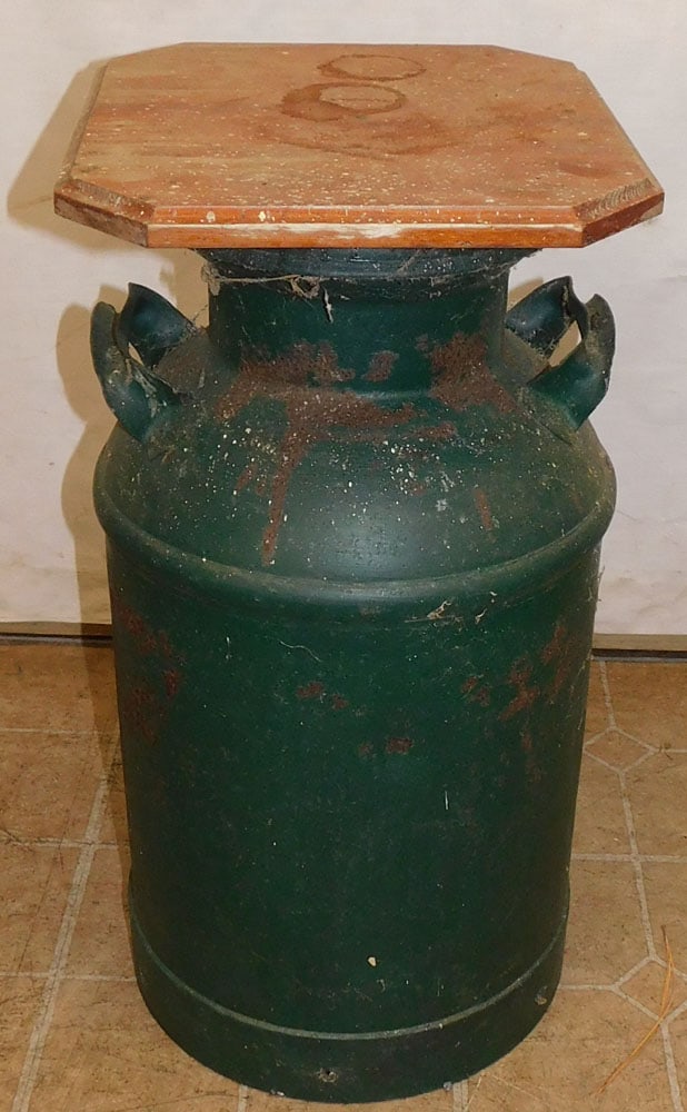 antique painted metal milk can stand with pine top (1 of 2)