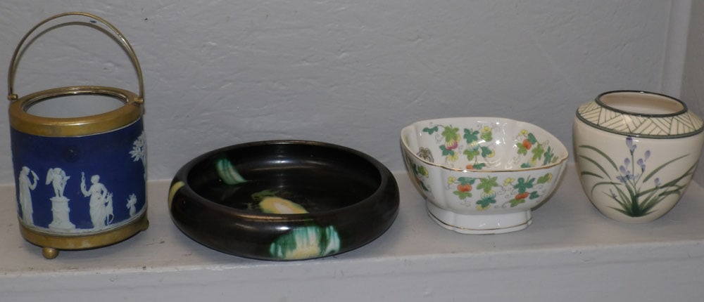 Wedgwood Biscuit Barrel, Belgium Pottery Bowl, Artist Signed Pottery, & Porcelain Pedestal Bowl (1 of 7)
