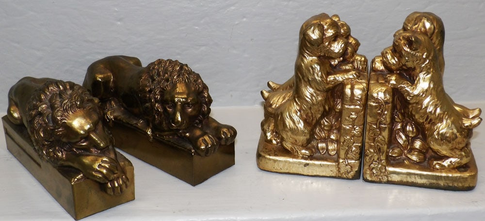Pair of Cast Brass Lion Bookends & Pair of Cast Gilded Metal Terrier Puppies Bookends (1 of 7)
