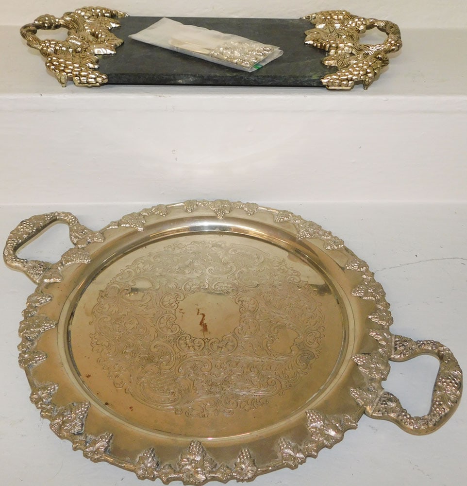 Silver on Copper Grape Boarder 2 Handled Tray & Silverplate & Marble Cheese Board with Spreaders (1 of 4)