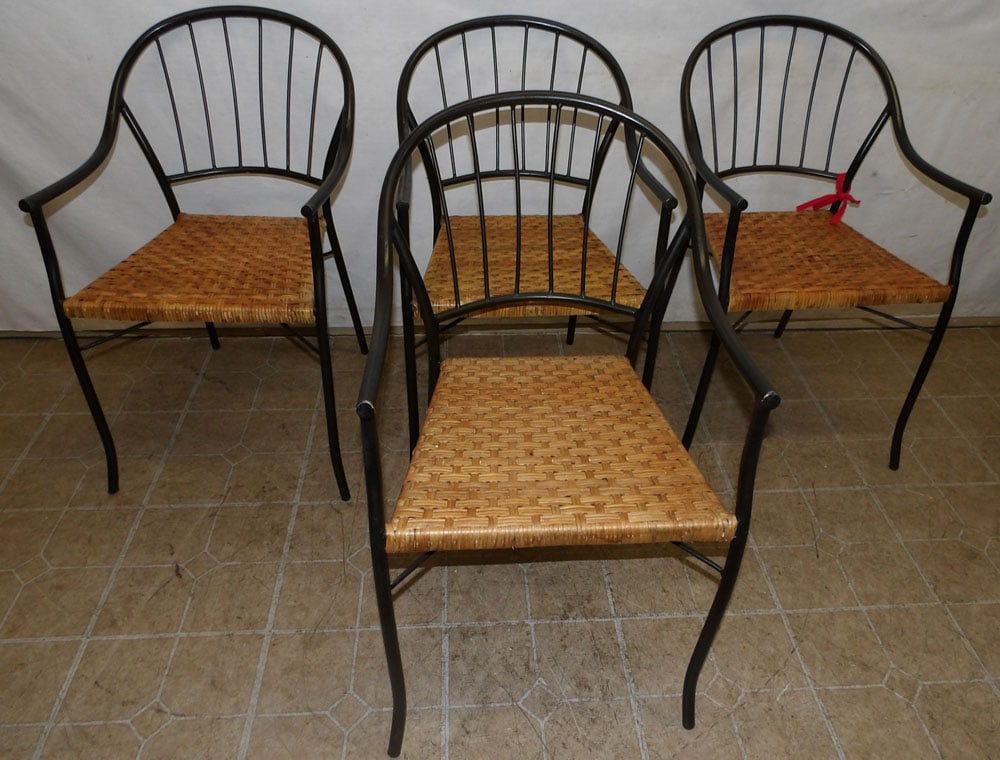 Set of Four Painted Metal & Rattan Seat Chairs: Set of Four Painted Metal & Rattan Seat Chairs. 33 1/4" H ALL DESCRIPTIONS AND ANY CONDITION STATEMENT GIVEN BY LANGSTON AUCTION GALLERY ARE STRICTLY OPINIONS AND LANGSTON'S SHALL HAVE NO RESPONSIBILI