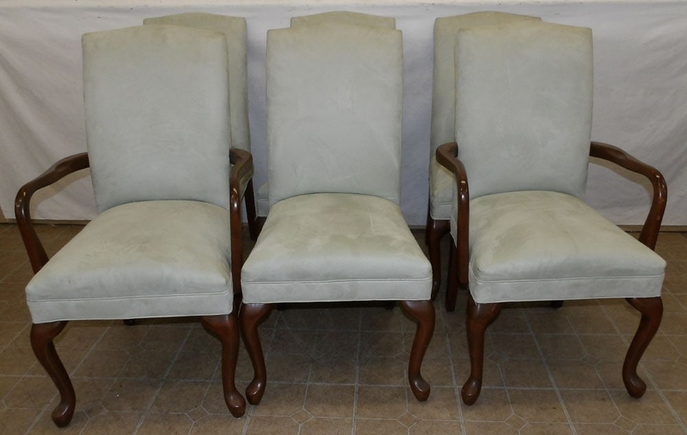Set of Six Queen Anne Style Cherry & Suede Upholstered Dining Chairs (1 of 5)