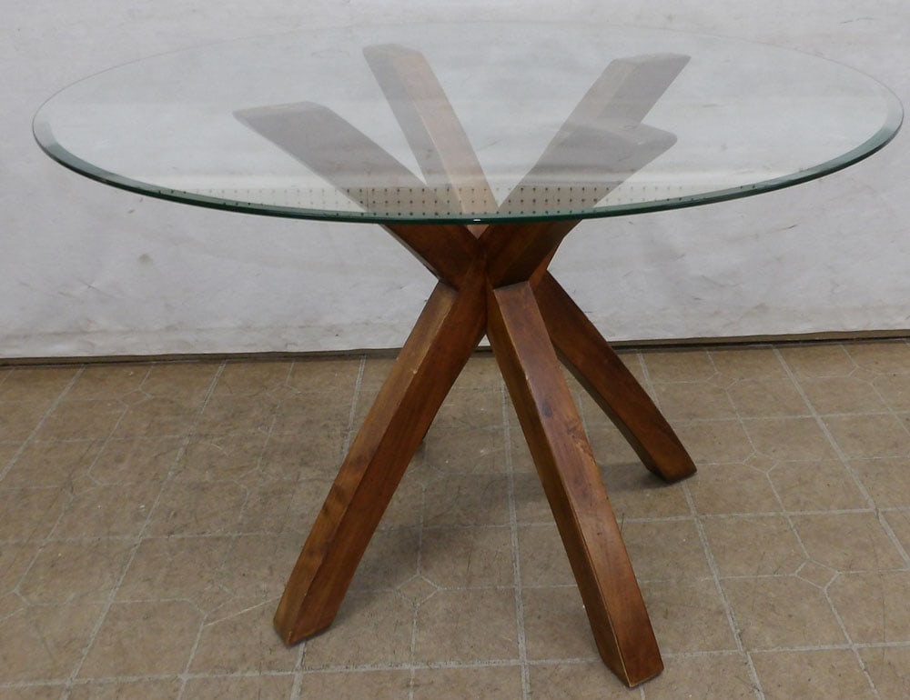 Round Bevel Glass Top Table with Mahogany Pedestal: Round Bevel Glass Top Table with Mahogany Pedestal . 42" Dia. 29 1/4" H ALL DESCRIPTIONS AND ANY CONDITION STATEMENT GIVEN BY LANGSTON AUCTION GALLERY ARE STRICTLY OPINIONS AND LANGSTON'S SHALL HAVE N