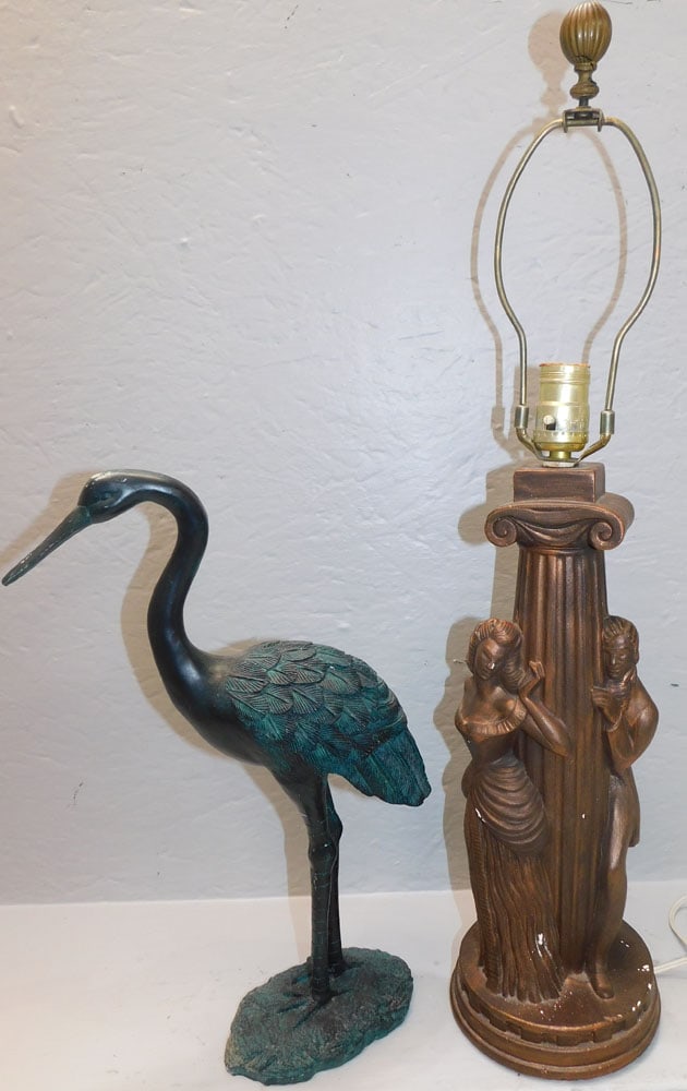 Painted Ceramic Lamp & Painted Resin Heron Statue (1 of 4)