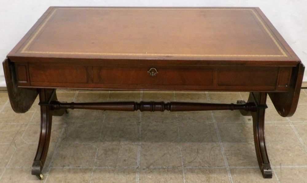 Mahogany & Tooled Leather Top Coffee Table with Drawer (1 of 5)