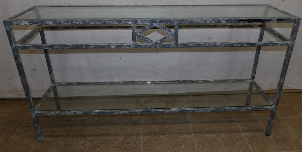 Painted Metal & Bevel Glass Console: Painted Metal & Bevel Glass Console . 53 1/4" W 14" D 27 3/4" H ALL DESCRIPTIONS AND ANY CONDITION STATEMENT GIVEN BY LANGSTON AUCTION GALLERY ARE STRICTLY OPINIONS AND LANGSTON'S SHALL HAVE NO RESPON
