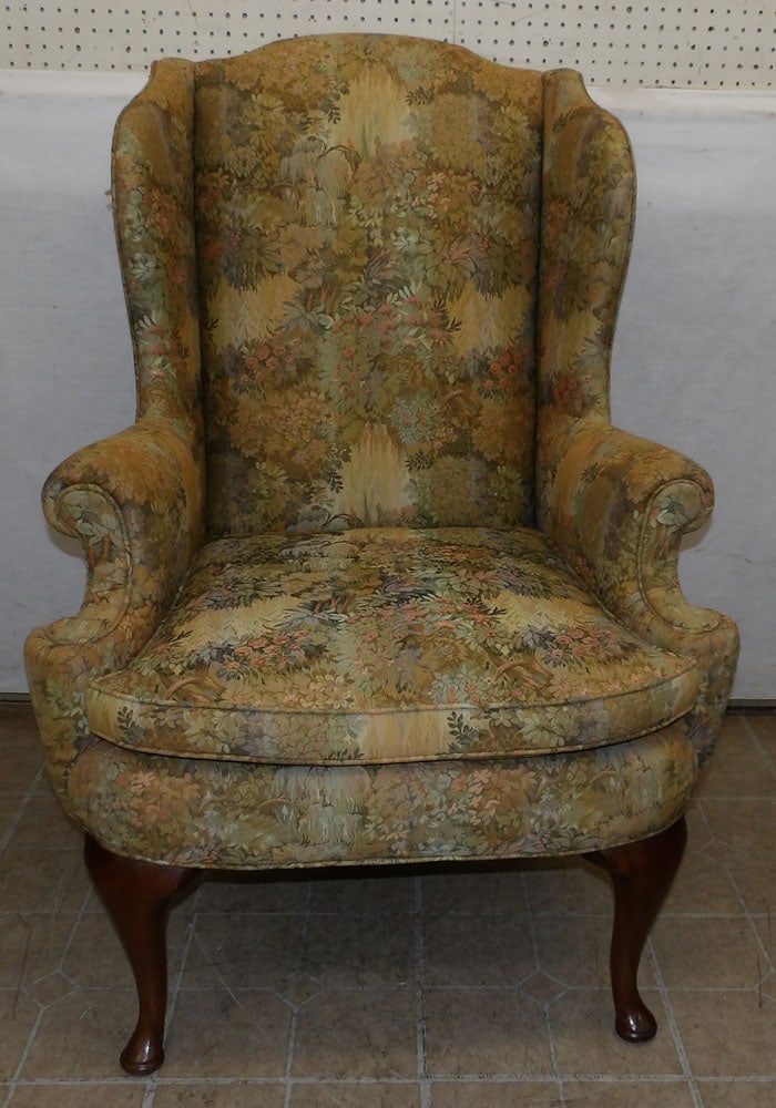 Tapestry Upholstered Wing Back Chair by Henredon: Tapestry Upholstered Wing Back Chair by Henredon. 45" H ALL DESCRIPTIONS AND ANY CONDITION STATEMENT GIVEN BY LANGSTON AUCTION GALLERY ARE STRICTLY OPINIONS AND LANGSTON'S SHALL HAVE NO RESPONSIBILITY