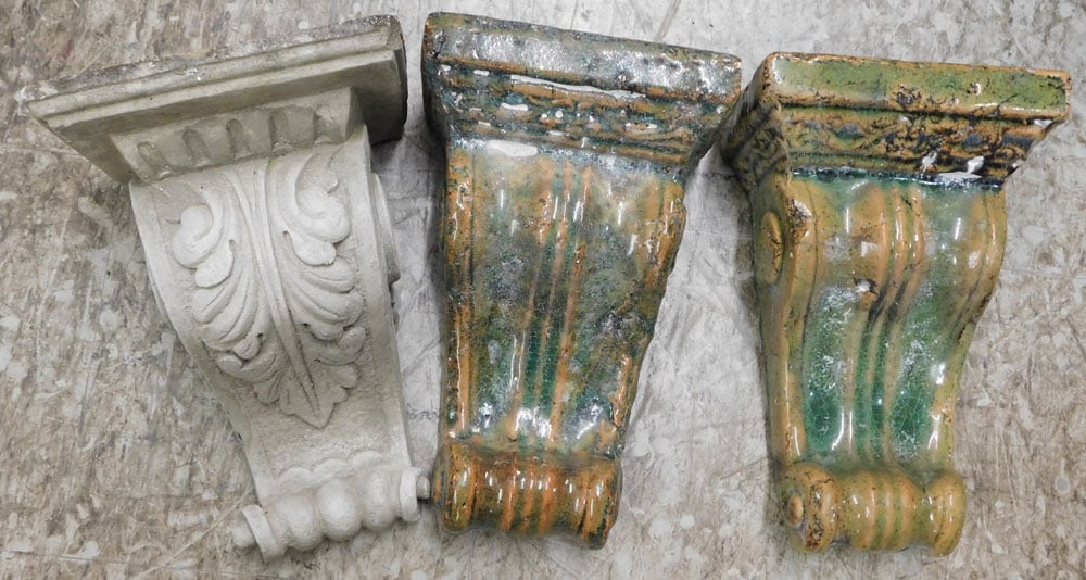Two Painted Pottery Brackets & Painted Concrete Bracket: Two Painted Pottery Brackets & Painted Concrete Bracket. Up to 7" W 10" H ALL DESCRIPTIONS AND ANY CONDITION STATEMENT GIVEN BY LANGSTON AUCTION GALLERY ARE STRICTLY OPINIONS AND LANGSTON'S SHALL HAVE