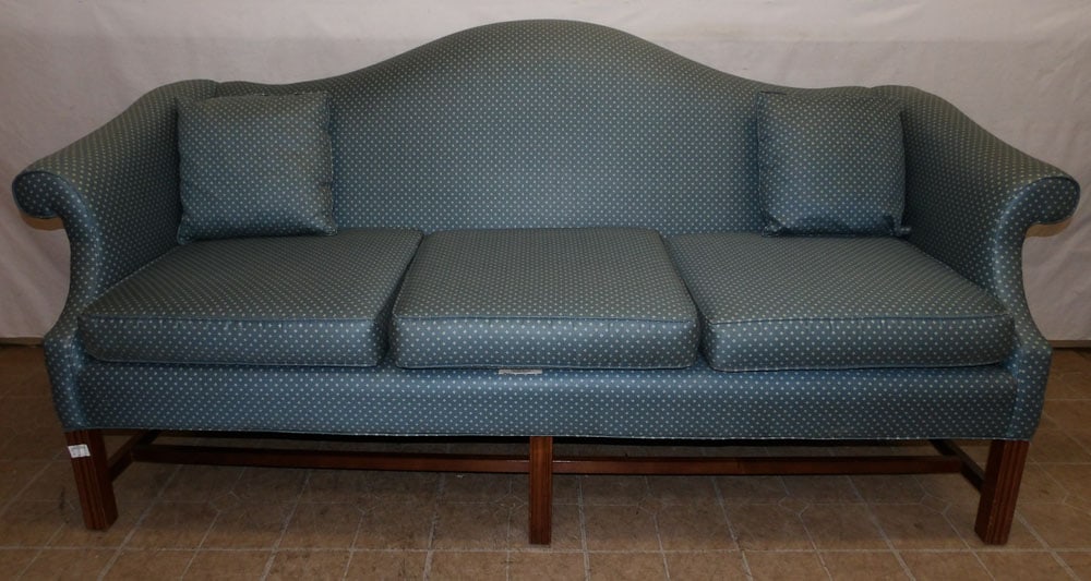 Upholstered Camel Back Sofa by Country Manor: Upholstered Camel Back Sofa by Country Manor . 80" L 32" D 35" H ALL DESCRIPTIONS AND ANY CONDITION STATEMENT GIVEN BY LANGSTON AUCTION GALLERY ARE STRICTLY OPINIONS AND LANGSTON'S SHALL HAVE NO RESPO