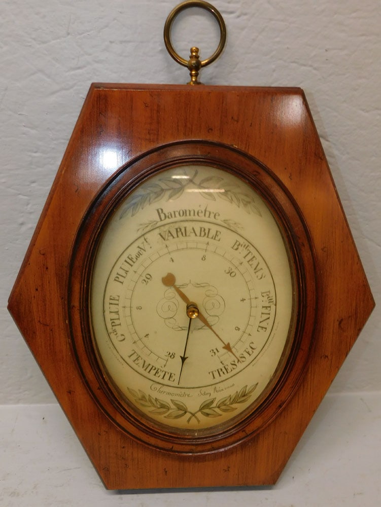 Cherry Hanging Wall Barometer: Cherry Hanging Wall Barometer. 14 1/4" x 19" ALL DESCRIPTIONS AND ANY CONDITION STATEMENT GIVEN BY LANGSTON AUCTION GALLERY ARE STRICTLY OPINIONS AND LANGSTON'S SHALL HAVE NO RESPONSIBILITY FOR ERRORS