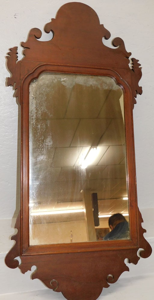 Antique Framed Mahogany Mirror: Antique Framed Mahogany Mirror. 19 1/2" x 39 3/4" ALL DESCRIPTIONS AND ANY CONDITION STATEMENT GIVEN BY LANGSTON AUCTION GALLERY ARE STRICTLY OPINIONS AND LANGSTON'S SHALL HAVE NO RESPONSIBILITY FOR E