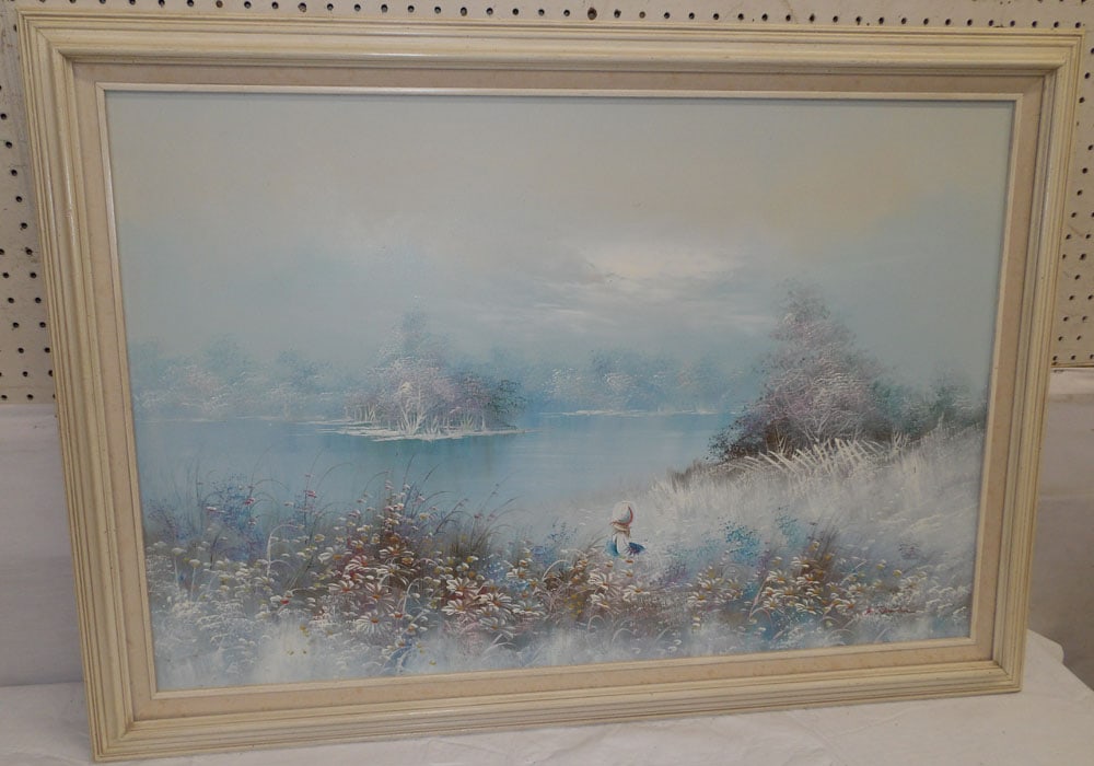 framed oil on canvas lake scene signed by artist (1 of 4)