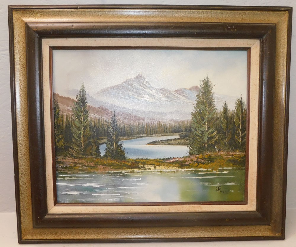 framed oil on canvas lake scene signed by artist (1 of 4)