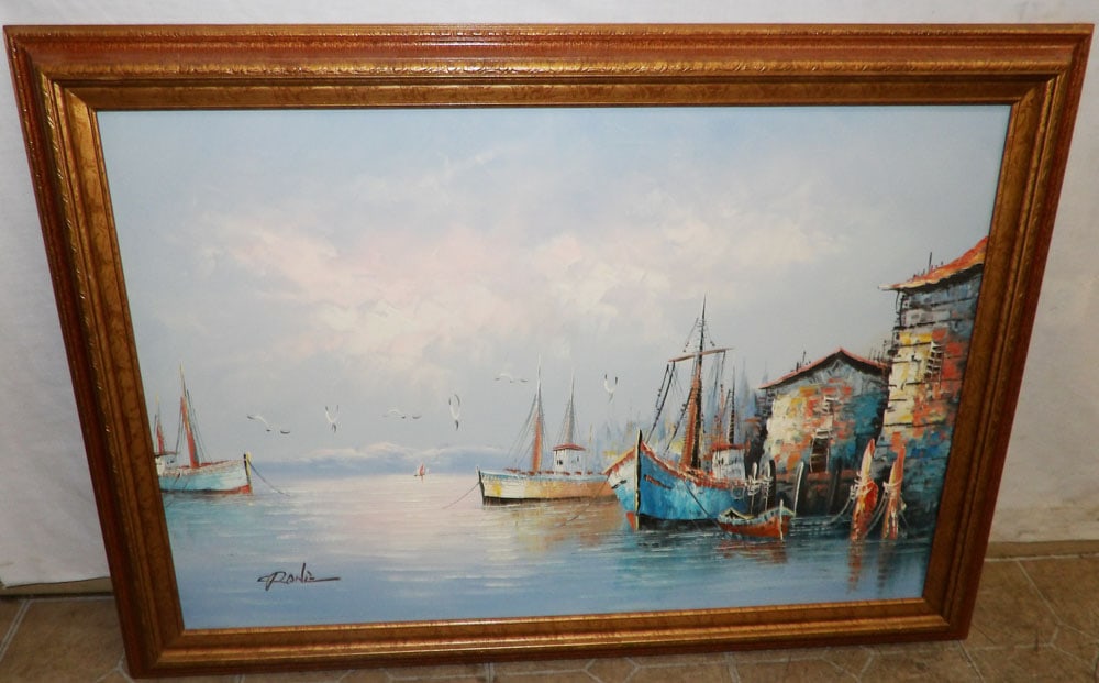 Framed Oil on Canvas Boat Dock Scene Artist Signed (1 of 4)