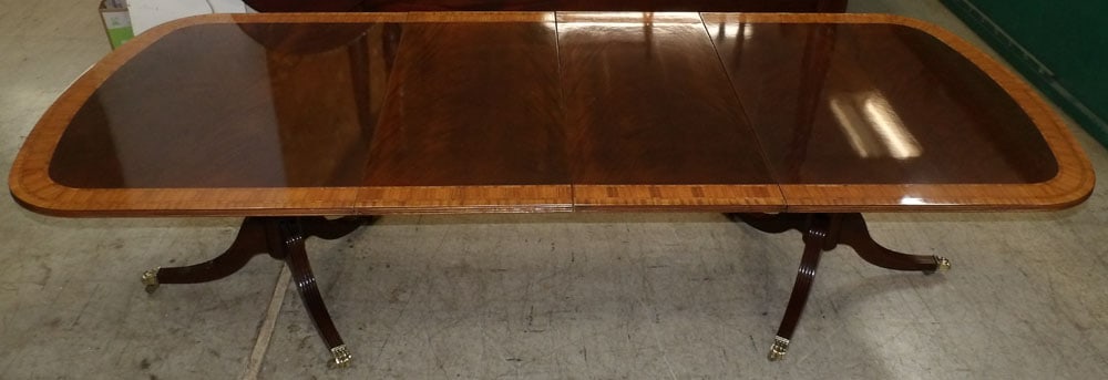 Crotch Mahogany & Satin Wood Banded Top Two Pedestal Dining Table with Two Leaves (1 of 11)