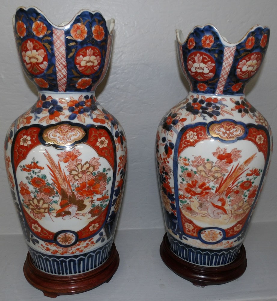 Pair of Antique Imari Porcelain Vases Signed with Character Marks on Teakwood Stands (1 of 6)