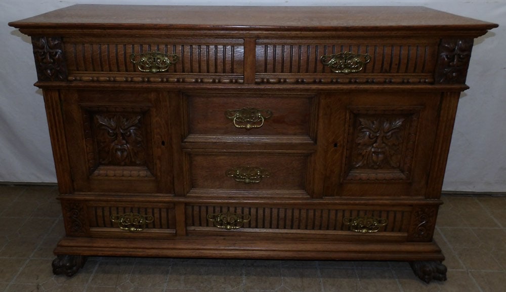 Antique Carved Tiger Oak Sideboard with Northwind Face & Claw Feet (1 of 9)
