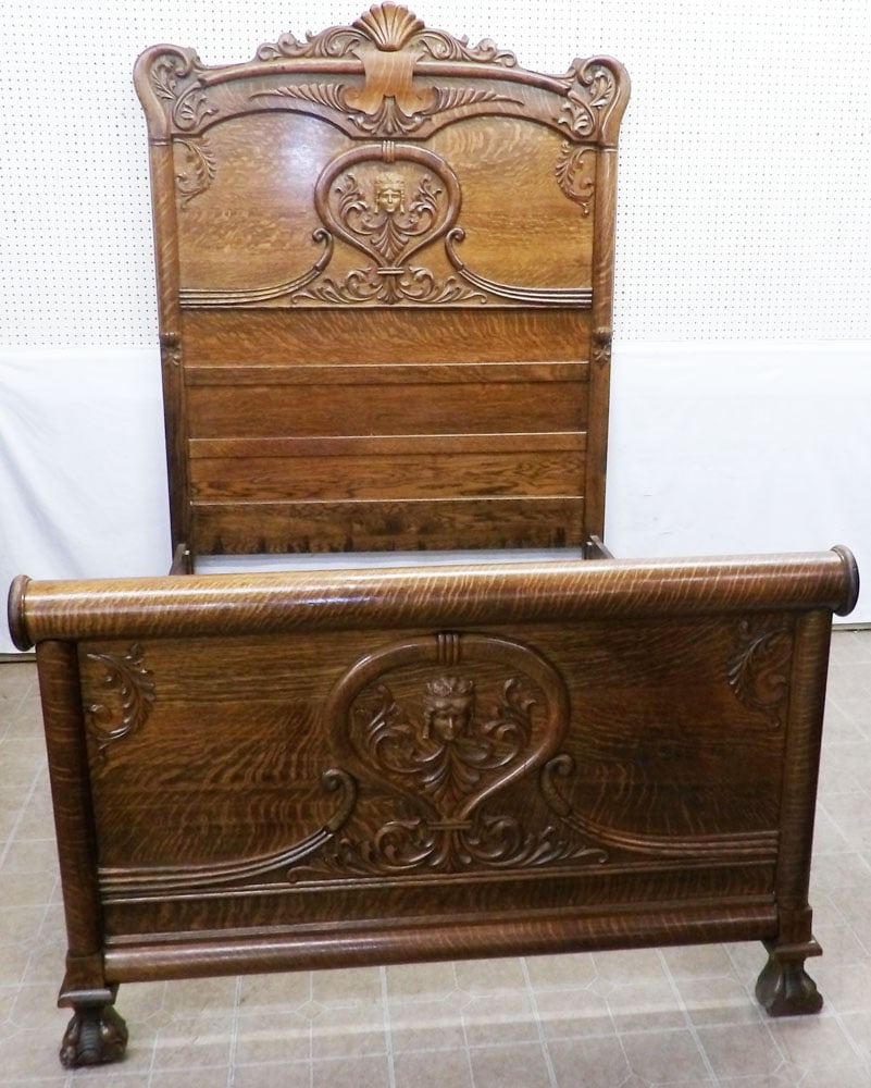 Antique Carved Tiger Oak High Back Bed with Ansonia Head Center (1 of 9)