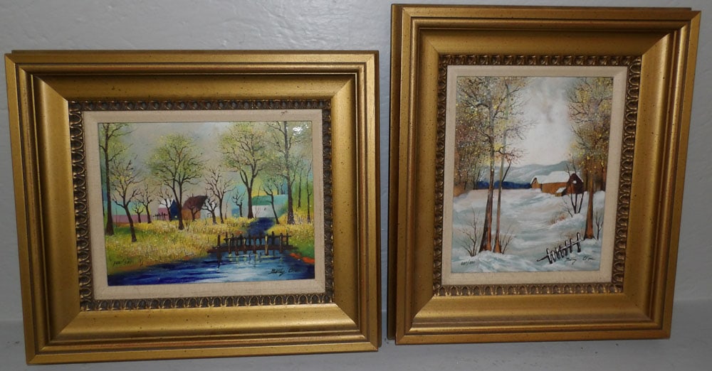 Two Framed Painted Enamel on Copper Farm & Snow Scenes by Betty Chou (1 of 6)