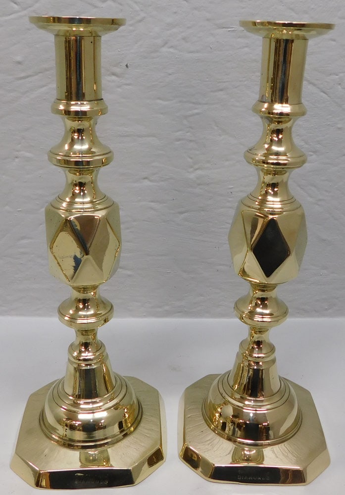 Pair of 19th Century Polished 'Queen of Diamond' Brass Candlesticks (1 of 5)
