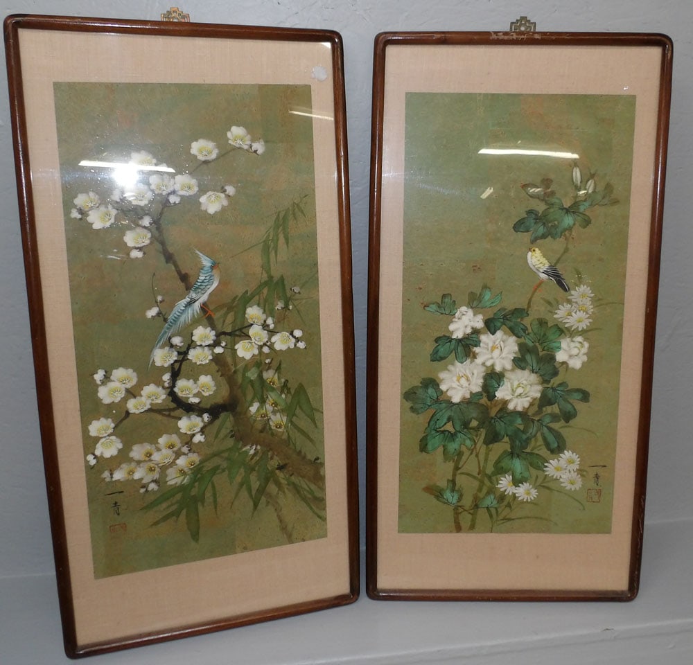 Pair of Oriental Teakwood Frame Bird Prints (1 of 5)
