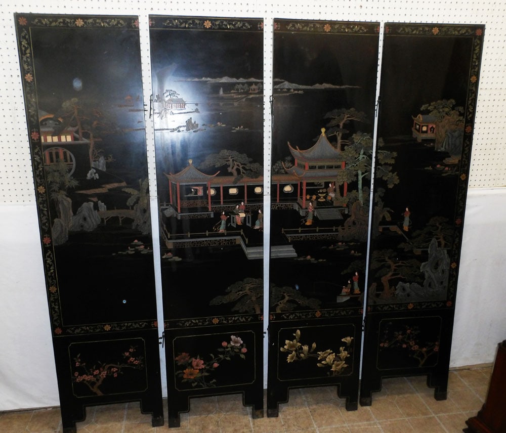 Four Panel Painted Black Lacquered Oriental Room Divider (1 of 7)