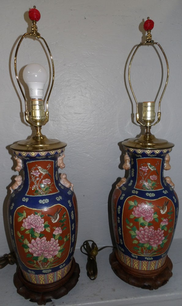 Pair of Oriental Painted Porcelain Vases Made Into Lamp with Foo Dog Handles & Bird Motif (1 of 5)