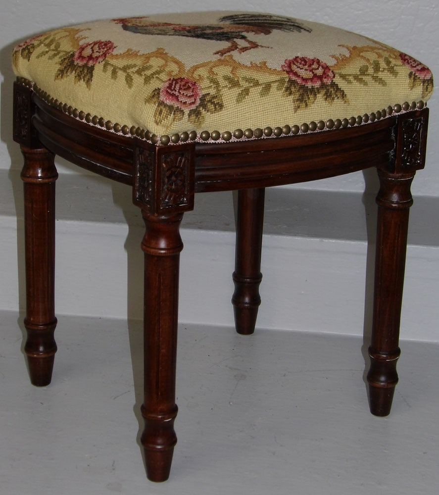 Carved French Needlepoint Upholstered Stool with Floral & Rooster Motif (1 of 4)