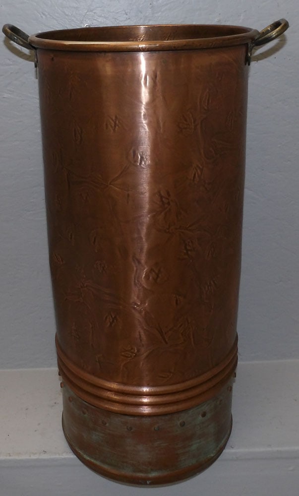 Copper Umbrella Stand with Brass Handles: Copper Umbrella Stand with Brass Handles. 25 1/2" H "ALL DESCRIPTIONS AND ANY CONDITION STATEMENT GIVEN BY LANGSTON AUCTION GALLERY ARE STRICTLY OPINIONS AND LANGSTON'S SHALL HAVE NO RESPONSIBILITY FO