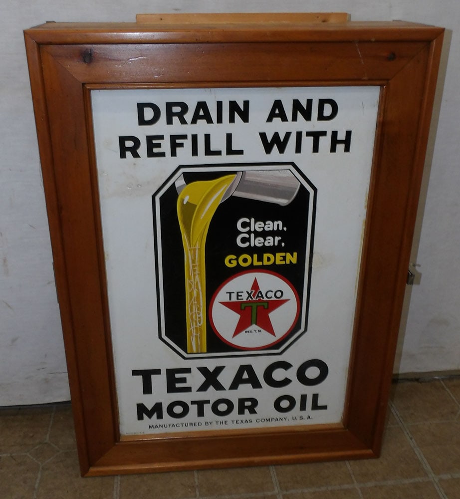 Pine Hanging Wall Cabinet with Double Sided Texaco Enamel Sign Door (1 of 4)