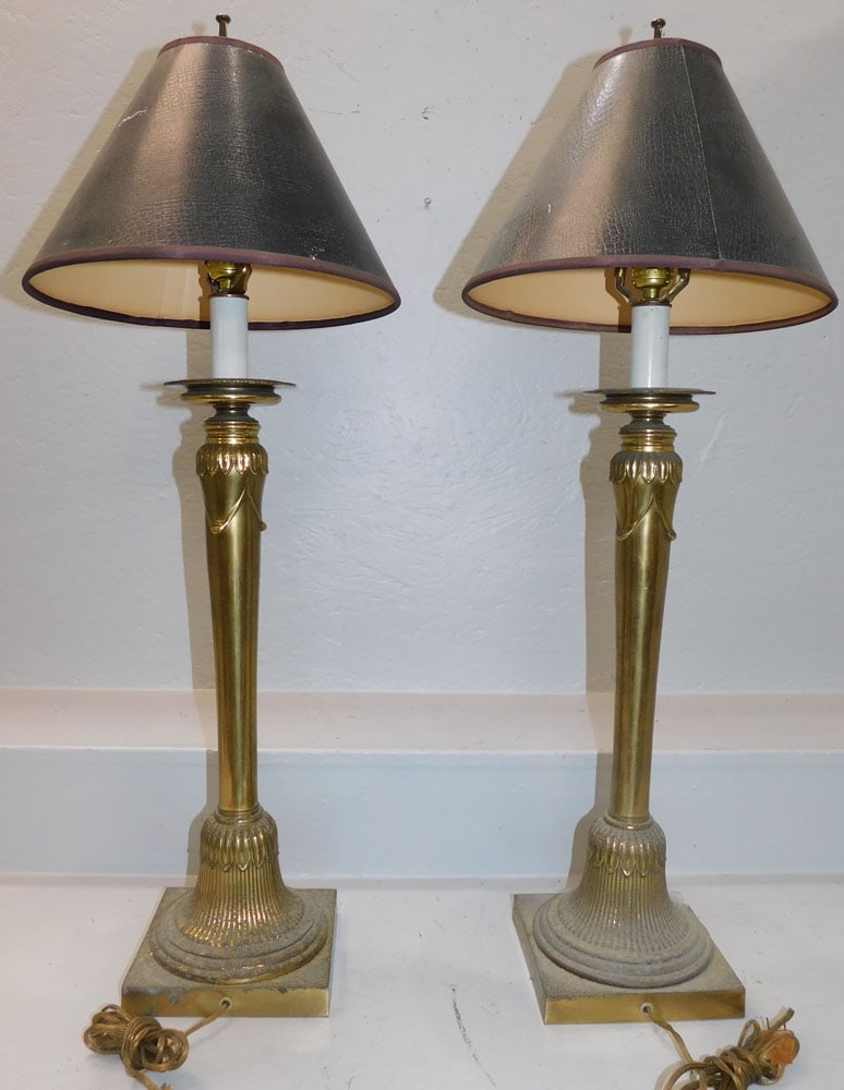 Pair of Gilded Metal Buffet Lamps: Pair of Gilded Metal Buffet Lamps. 33" H "ALL DESCRIPTIONS AND ANY CONDITION STATEMENT GIVEN BY LANGSTON AUCTION GALLERY ARE STRICTLY OPINIONS AND LANGSTON'S SHALL HAVE NO RESPONSIBILITY FOR ERRORS OR