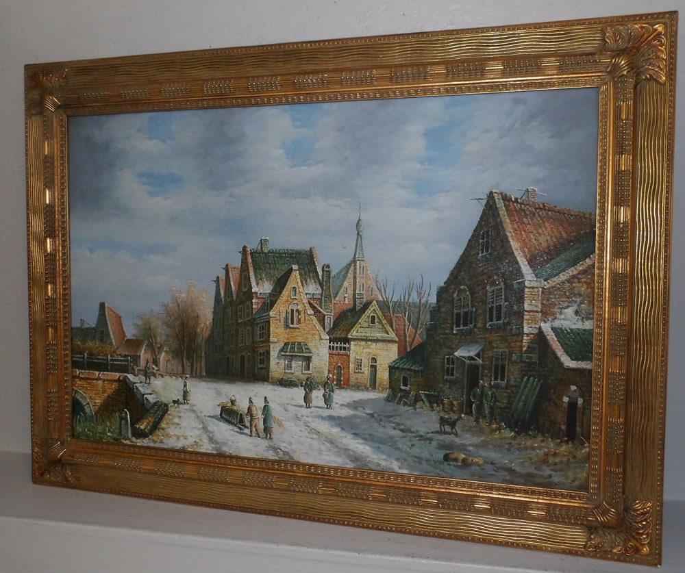 Gilded Framed Oil on Canvas European Snow Scene (1 of 5)