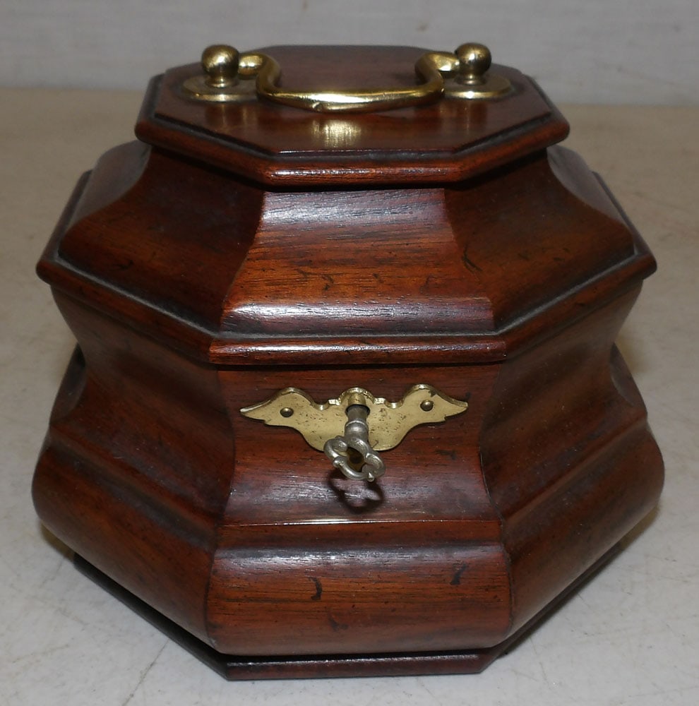 Mahogany Tea Caddy: Mahogany Tea Caddy. 6" Dia. 5" H "ALL DESCRIPTIONS AND ANY CONDITION STATEMENT GIVEN BY LANGSTON AUCTION GALLERY ARE STRICTLY OPINIONS AND LANGSTON'S SHALL HAVE NO RESPONSIBILITY FOR ERRORS OR OMISSIO