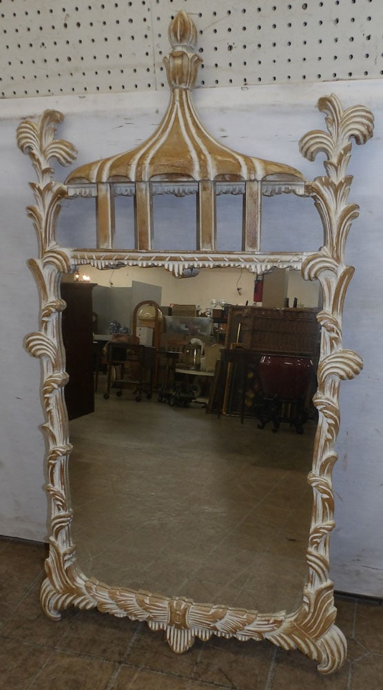 Bleached Carved Wood Pagoda Top Mirror (1 of 3)