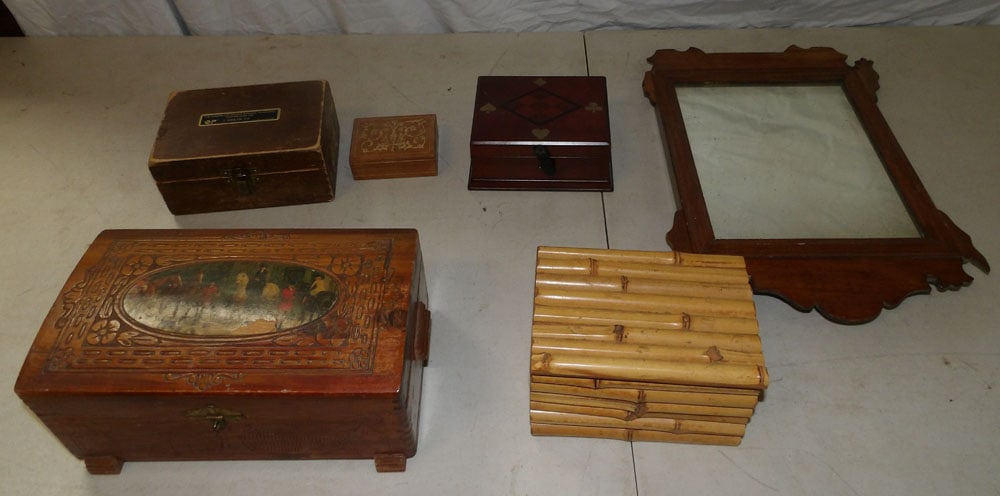Antique Mahogany Framed Mirror, Wood Dresser Boxes, & Surgical Telescope Glasses: Antique Mahogany Framed Mirror, Wood Dresser Boxes, & Surgical Telescope Glasses. "ALL DESCRIPTIONS AND ANY CONDITION STATEMENT GIVEN BY LANGSTON AUCTION GALLERY ARE STRICTLY OPINIONS AND LANGSTON'S S