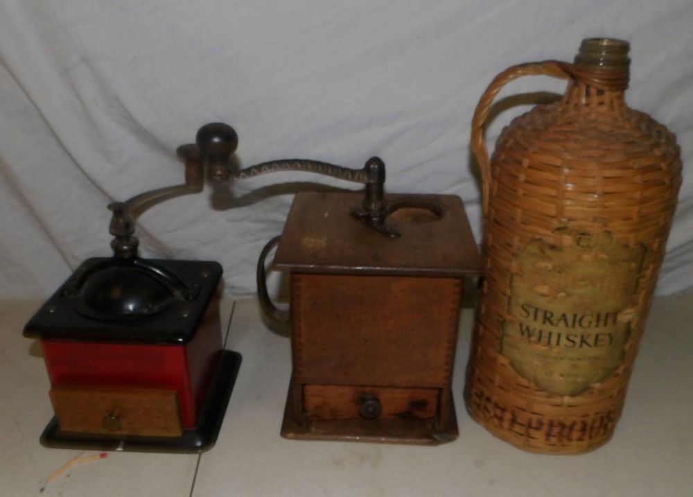 Two Antique Coffee Mills & Whisky Jug (1 of 3)